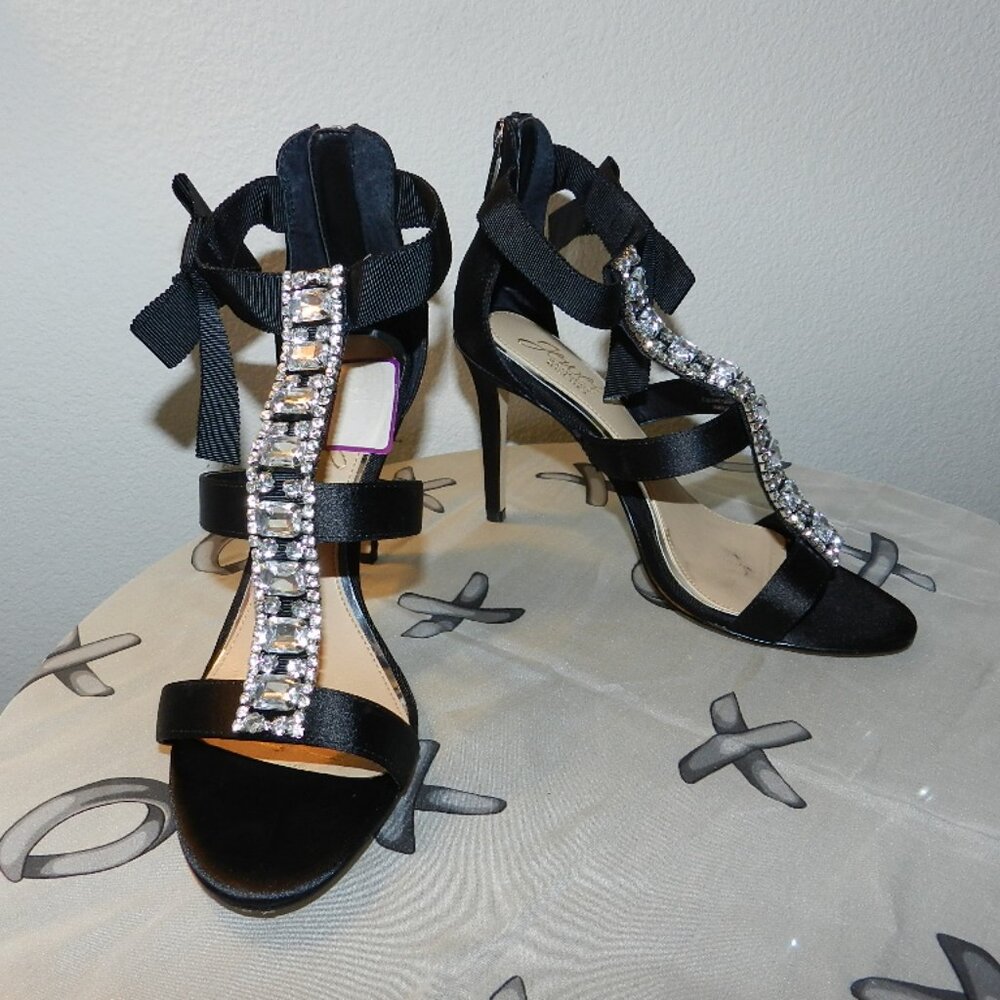 Jewel by Badgley Mischka Henderson Heels Black Satin Size 6 Crystal Rhinestone - Picture 3 of 16